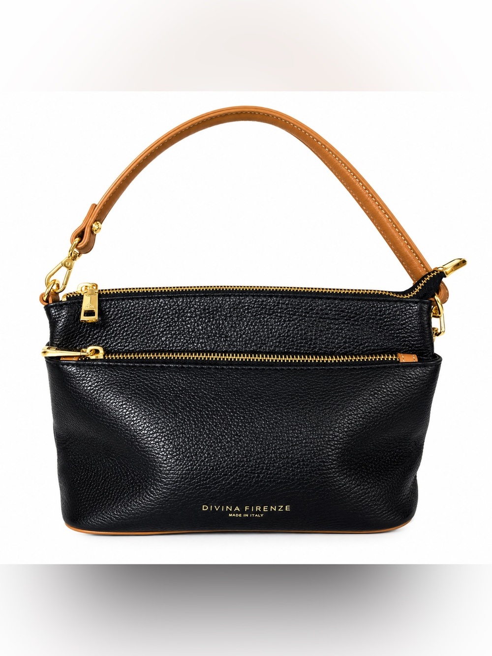 Italian Leather Divina Firenze Mini Shoulder Bag Black & Tan & Gold Italian Made